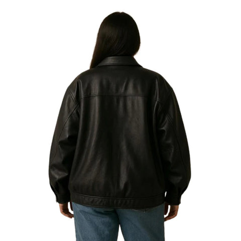 Women’s Black Oversized Leather Trucker Jacket – Classic Collar & Flap Chest Pockets, Vintage 90s Style