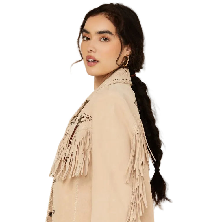 Women Real Suede Fringe Jacket Beige | Western Cowgirl Genuine Leather Jacket
