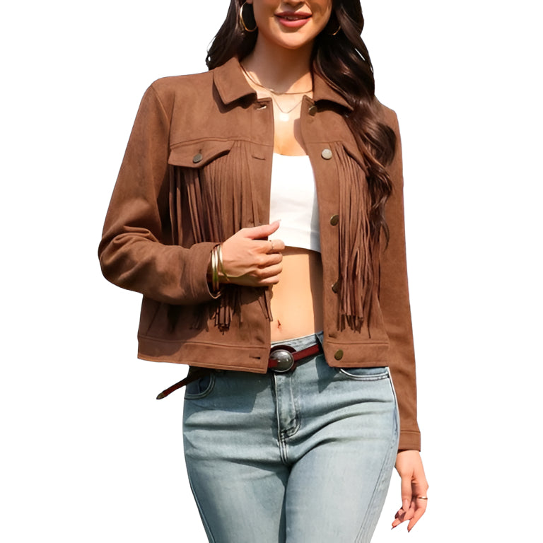 Women Real Suede Fringe Jacket Brown Western Cowgirl Tassel Jacket UK