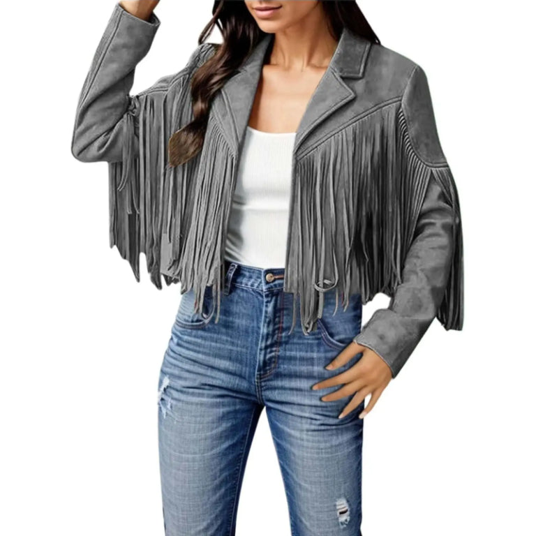 Women Real Suede Fringe Jacket Grey | Western Cowgirl Cropped Suede Jacket