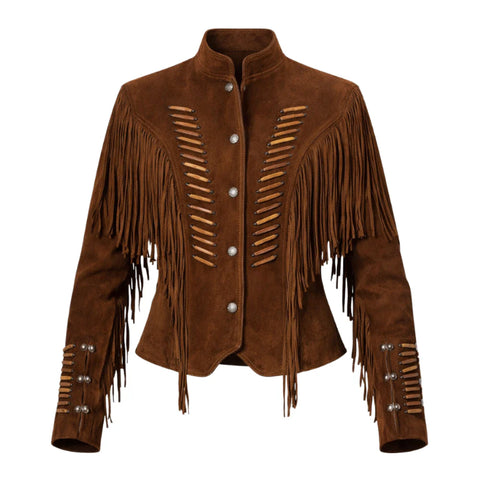 Women Real Suede Leather Jacket Brown Western Fringe Cowgirl Vintage Style