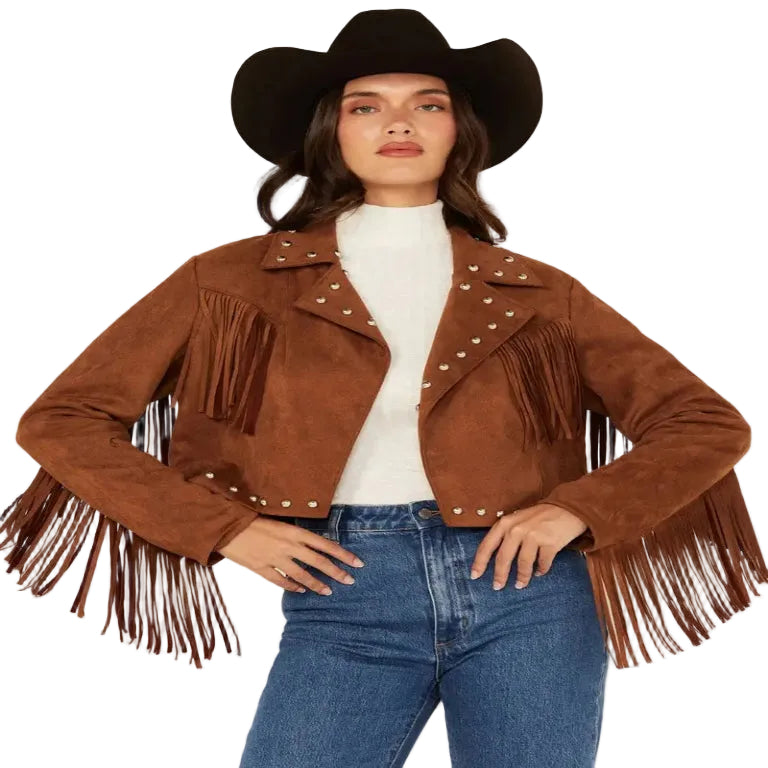 Women Suede Fringe Leather Jacket Western Cowgirl Studded Brown Suede Coat
