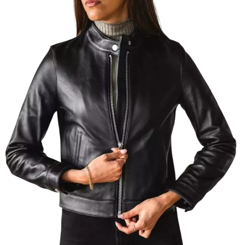 Women’s Black Leather Biker Jacket – Slim Fit, Asymmetrical Zip