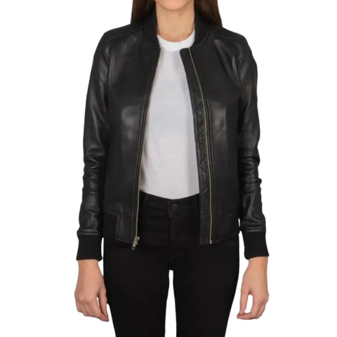 Women’s Black Leather Biker Jacket – Slim Fit Moto Style with Lapel