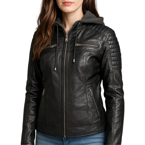 Women’s Black Leather Jacket – Quilted Sleeves, Removable Hood, Biker Style