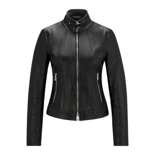 Women’s Black Leather Racer Jacket – Slim Fit with Stand Collar