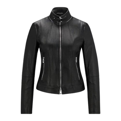 Women’s Black Leather Racer Jacket – Slim Fit with Stand Collar