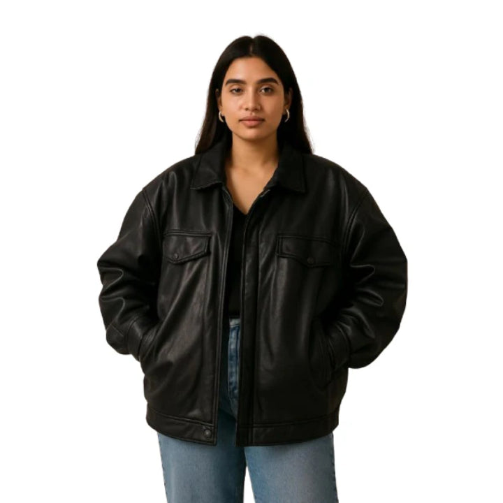 Women’s Black Oversized Leather Trucker Jacket – Classic Collar & Pockets