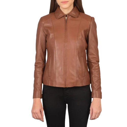 Women’s Brown Genuine Leather Jacket – Slim Fit with Shirt Collar
