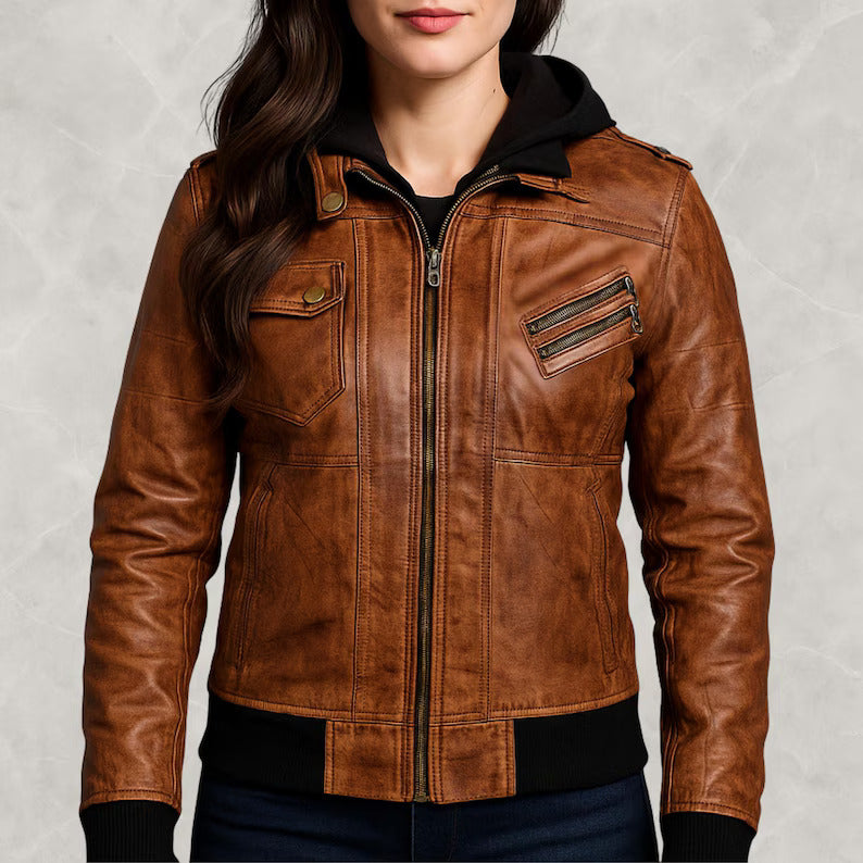 Women’s Brown Leather Jacket – Classic Bomber Moto with Removable Hood