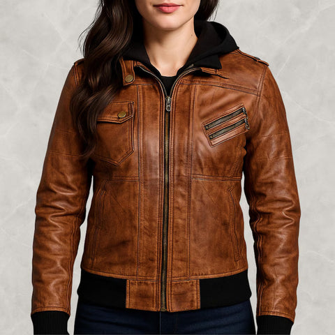 Women’s Brown Leather Jacket – Classic Bomber Moto with Removable Hood