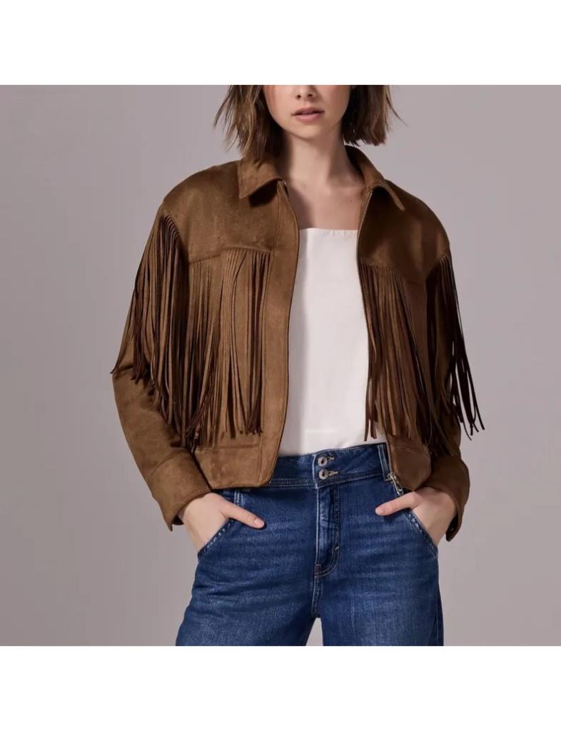 Women’s Brown Suede Fringe Jacket – Western-Style Cropped Jacket with Fringe on Sleeves, Chest & Back