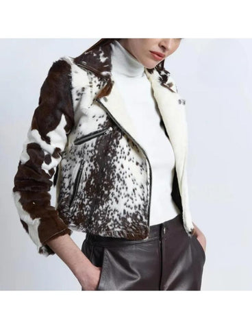 Women’s Brown & White Cowhide Hair-On-Hide Zip-Up Fringe Cropped Jacket – Western-Style Leather Jacket