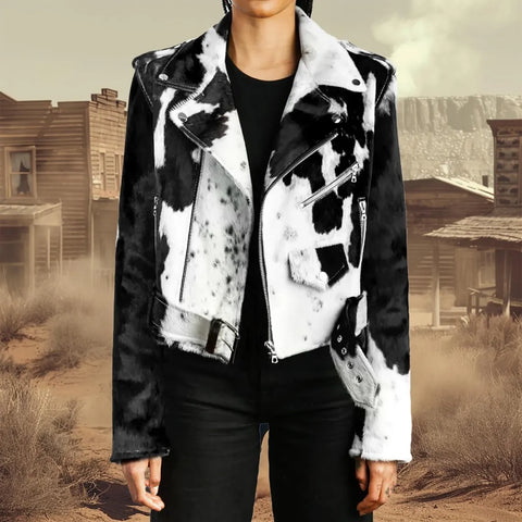 Women’s Genuine Cowhide Leather Jacket | Black & White Hair-On Cow Skin Biker Coat | Western Style Animal Print Jacket | Handmade Luxury