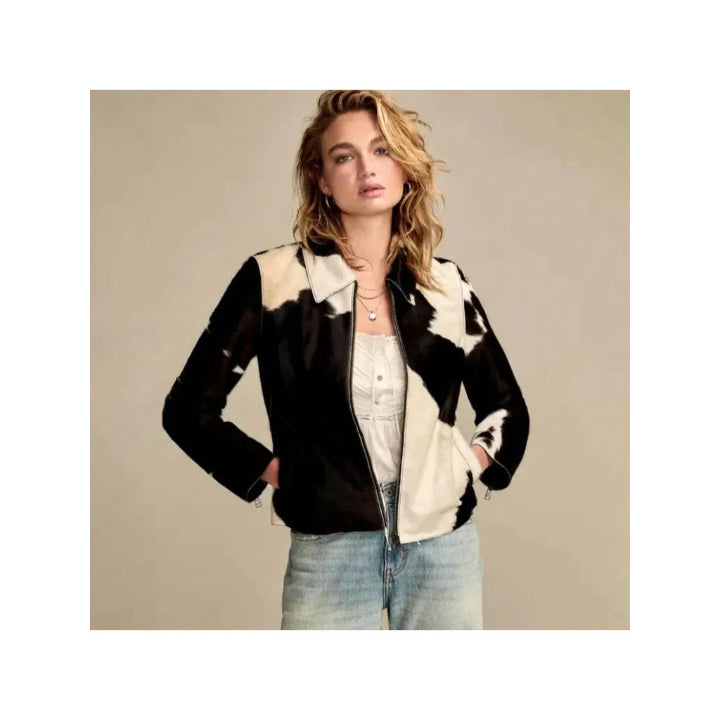 Women’s Genuine Cowhide Leather Jacket | Black & White Natural Hair-On Cow Skin Coat | Handmade Animal Print Outerwear | Western Style