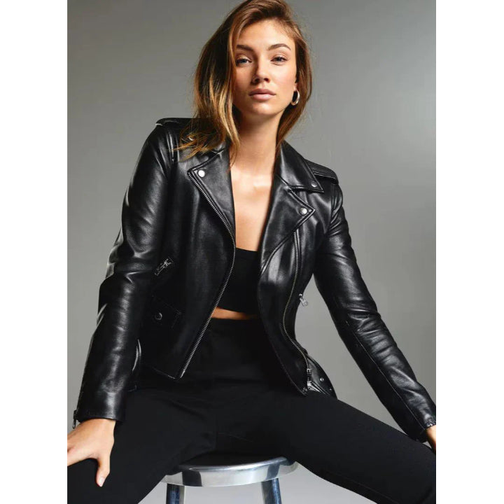 Women’s & Girls Genuine Soft Leather Moto Biker Jacket – Slim-Fit, Long Sleeves, Stylish Outerwear