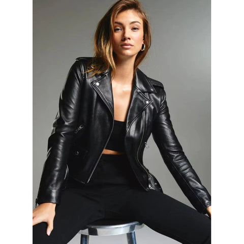 Women’s & Girls Genuine Soft Leather Moto Biker Jacket – Slim-Fit, Long Sleeves, Stylish Outerwear