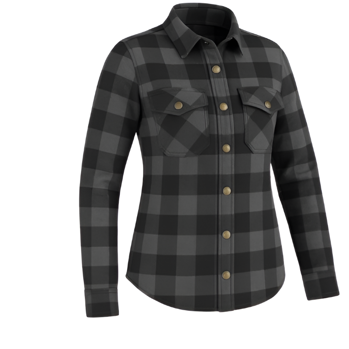 Women's Grey and Black Motorcycle Flannel Shirt  Protective Riding Jacket