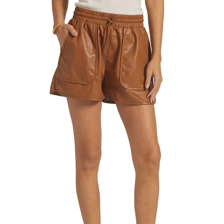 Women’s High Waisted Faux Leather Shorts with Drawstring and Patch Pockets