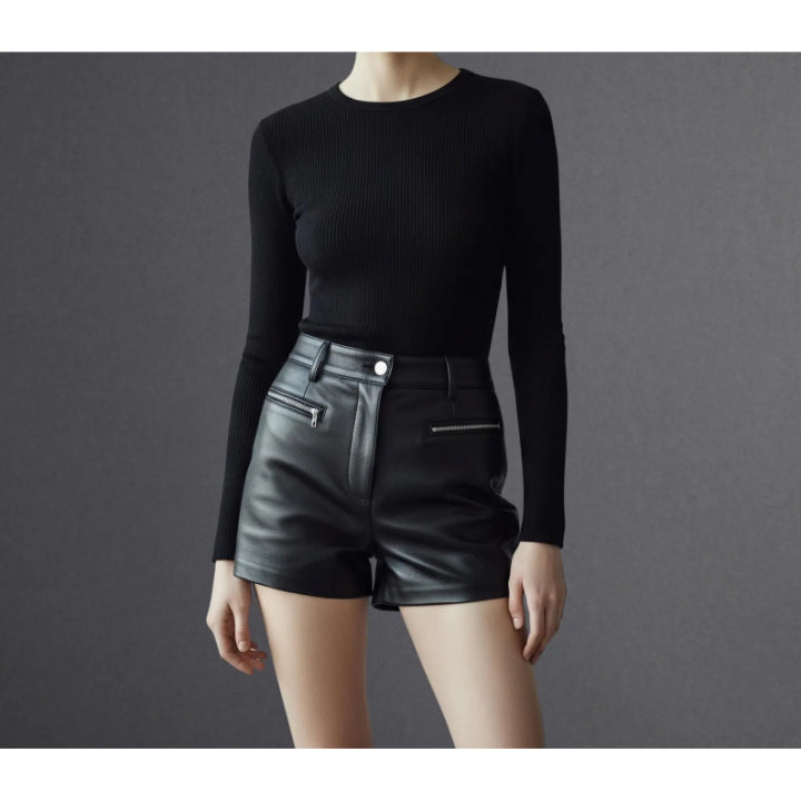 Women’s High Waisted Leather Mini Shorts with Zipper Pockets & Button Closure