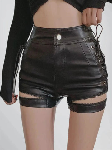 Women’s High Waisted Leather Shorts – Lace-Up Sides with Zipper Cut-Outs