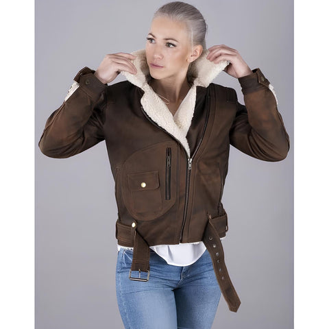 Women's Real Leather Shearling Jacket | Brown Suede Trim Biker Winter Coat with Warm Cream Fleece Lining & Waist Belt