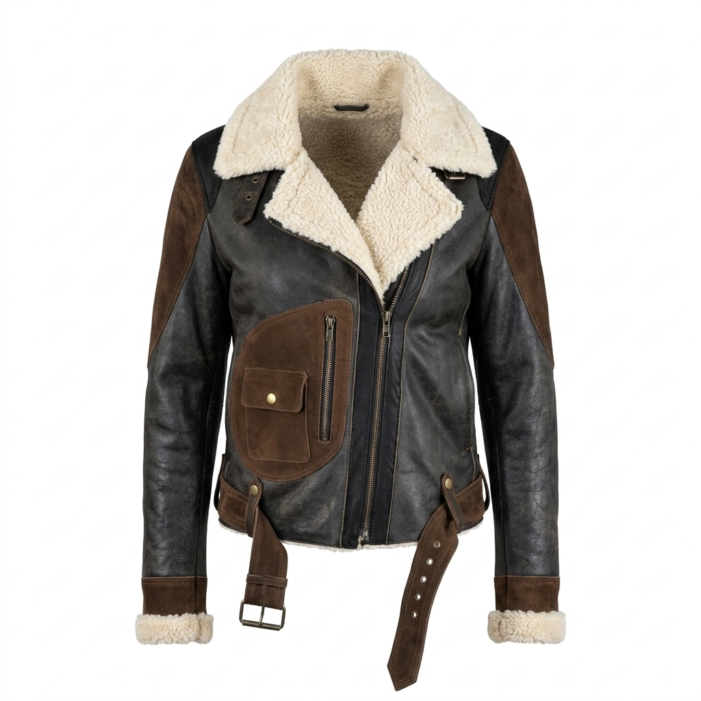 Women's Real Leather Shearling Jacket | Warm Brown Winter Biker Coat Trimmed with Suede & Adjustable Belt