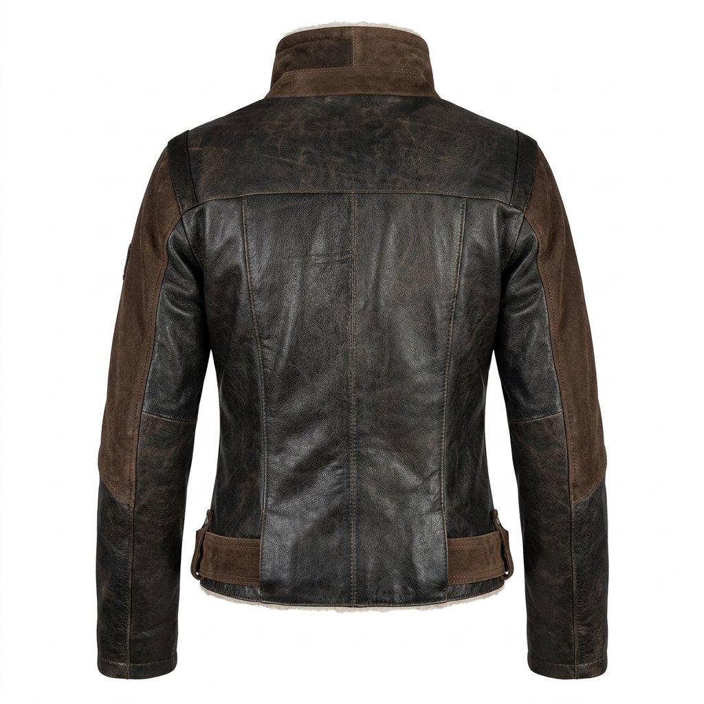 Women's Real Leather Shearling Jacket | Warm Brown Winter Biker Coat Trimmed with Suede & Adjustable Belt