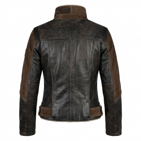 Women's Real Leather Shearling Jacket | Warm Brown Winter Biker Coat Trimmed with Suede & Adjustable Belt