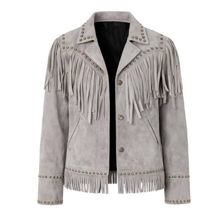 Women's Real Suede Western Fringe Jacket in Stone Grey