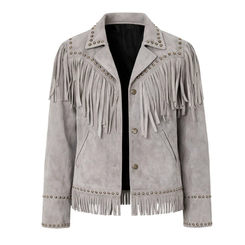 Women's Real Suede Western Fringe Jacket in Stone Grey