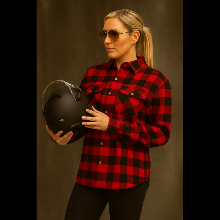 Women's Red and Black Armoured Motorcycle Flannel Shirt Protective Riding Overshirt