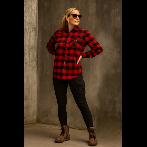 Women's Red and Black Armoured Motorcycle Flannel Shirt Protective Riding Overshirt