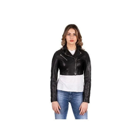 Women’s Stylish Black Cropped Leather Biker Jacket – Trendy Slim-Fit, Edgy Outerwear