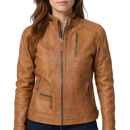 Women’s Tan Brown Cafe Racer Leather Jacket – Slim Fit Biker Style