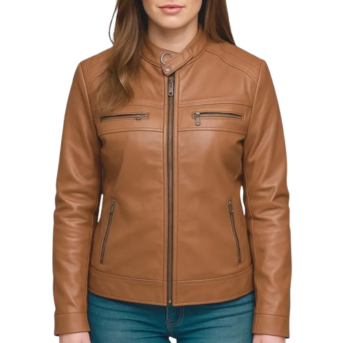 Women’s Tan Leather Moto Jacket – Slim Fit Cafe Racer with Zip Pockets