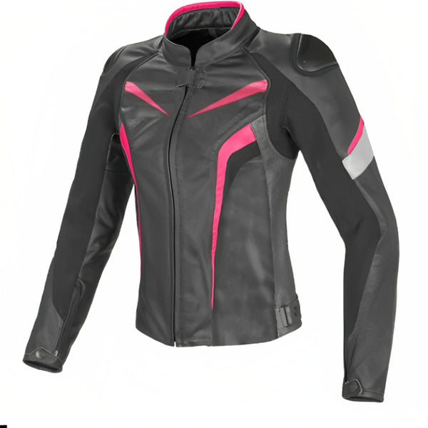 Women's black pink motorcycle jacket racing sport biker leather gear protective riding coat stylish moto outerwear