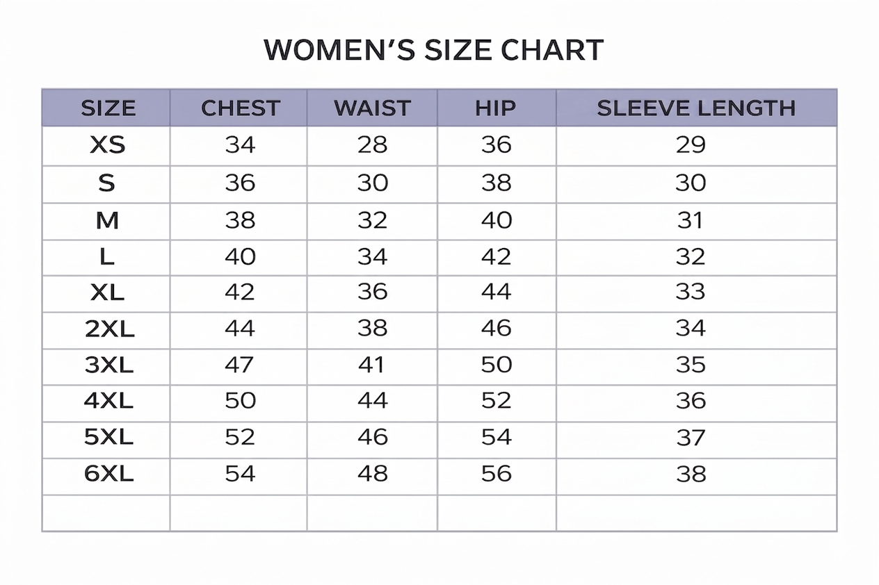 Women's size chart with measurements for chest, waist, hip, and sleeve length.