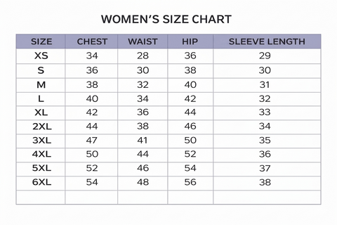 Women's size chart with measurements for chest, waist, hip, and sleeve length.