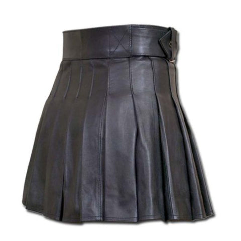 High-Waisted Genuine Leather Pleated Mini Skirt – Belted Kilt Style, Adjustable Buckle & Flared Fit