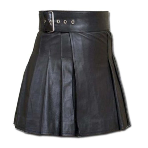High-Waisted Genuine Leather Pleated Mini Skirt – Belted Kilt Style, Adjustable Buckle & Flared Fit