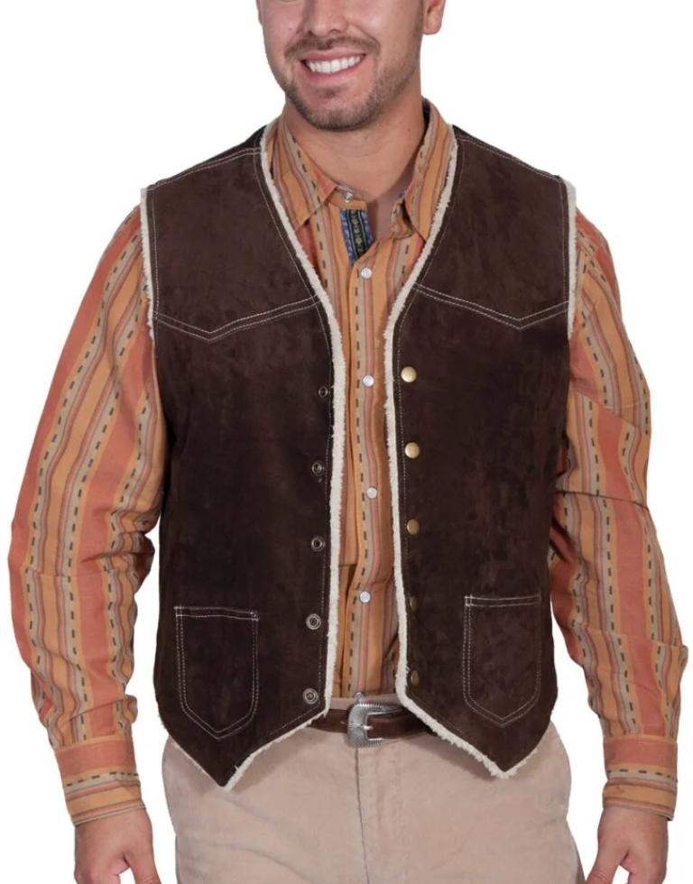 Men’s Brown Boar Suede Western Vest | Fur Lined Genuine Leather Waistcoat | Handmade Vintage Outerwear
