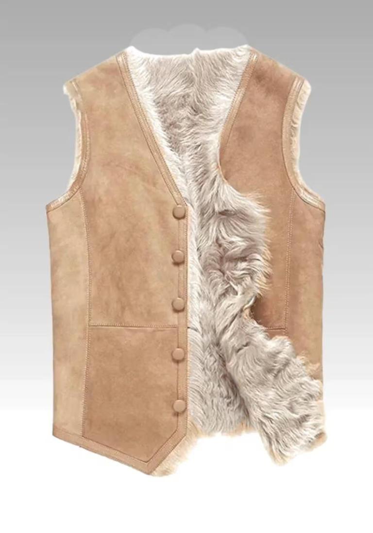 Men’s Beige Shearling Suede Vest | Vintage Fur Lined | Handmade Winter Button-Up Outerwear