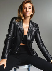 Women's & Girls 100% Genuine Soft Lambskin Leather Moto Biker Jacket Slim-Fit, Long Sleeves