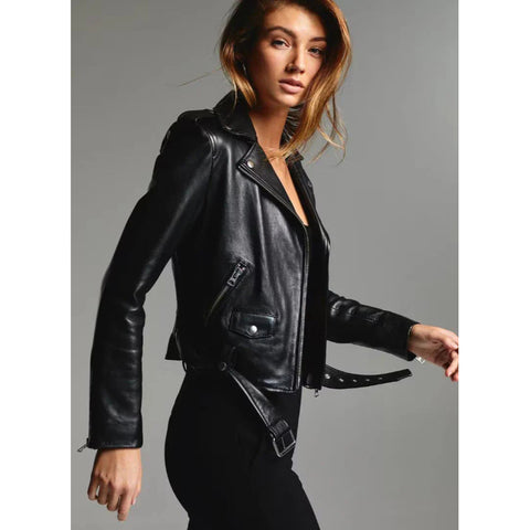 Women’s & Girls Genuine Soft Leather Moto Biker Jacket – Slim-Fit, Long Sleeves, Stylish Outerwear