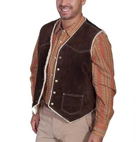 Men’s Brown Boar Suede Western Vest | Fur Lined Genuine Leather Waistcoat | Handmade Vintage Outerwear