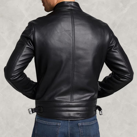 Men’s Black Leather Moto Jacket – Striped Café Racer Biker Style | Genuine Leather Motorcycle Jacket