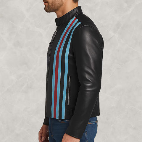Men’s Black Leather Moto Jacket – Striped Café Racer Biker Style | Genuine Leather Motorcycle Jacket