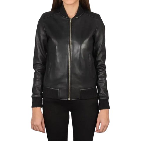Women’s Black Genuine Leather Biker Jacket – Slim Fit Moto Style with Lapel Collar