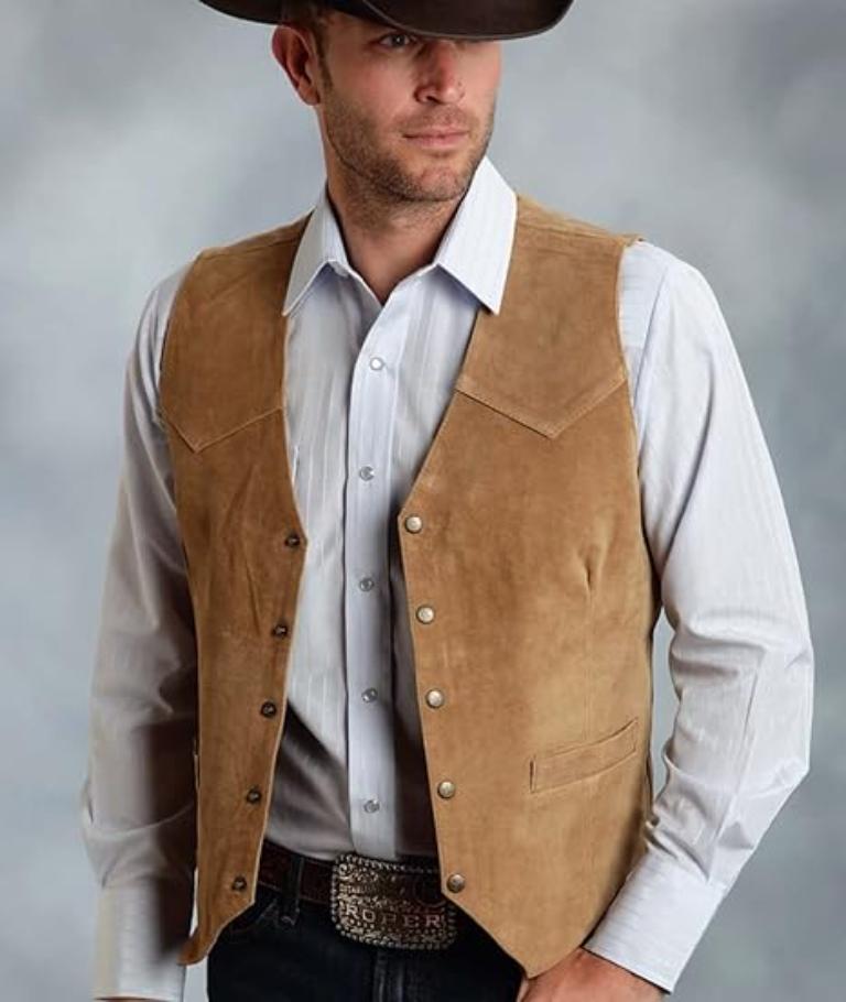 Men’s Suede Leather Cowboy Vest | Classic Western Waistcoat | Vintage Single-Breasted V-Neck Casual Outfit